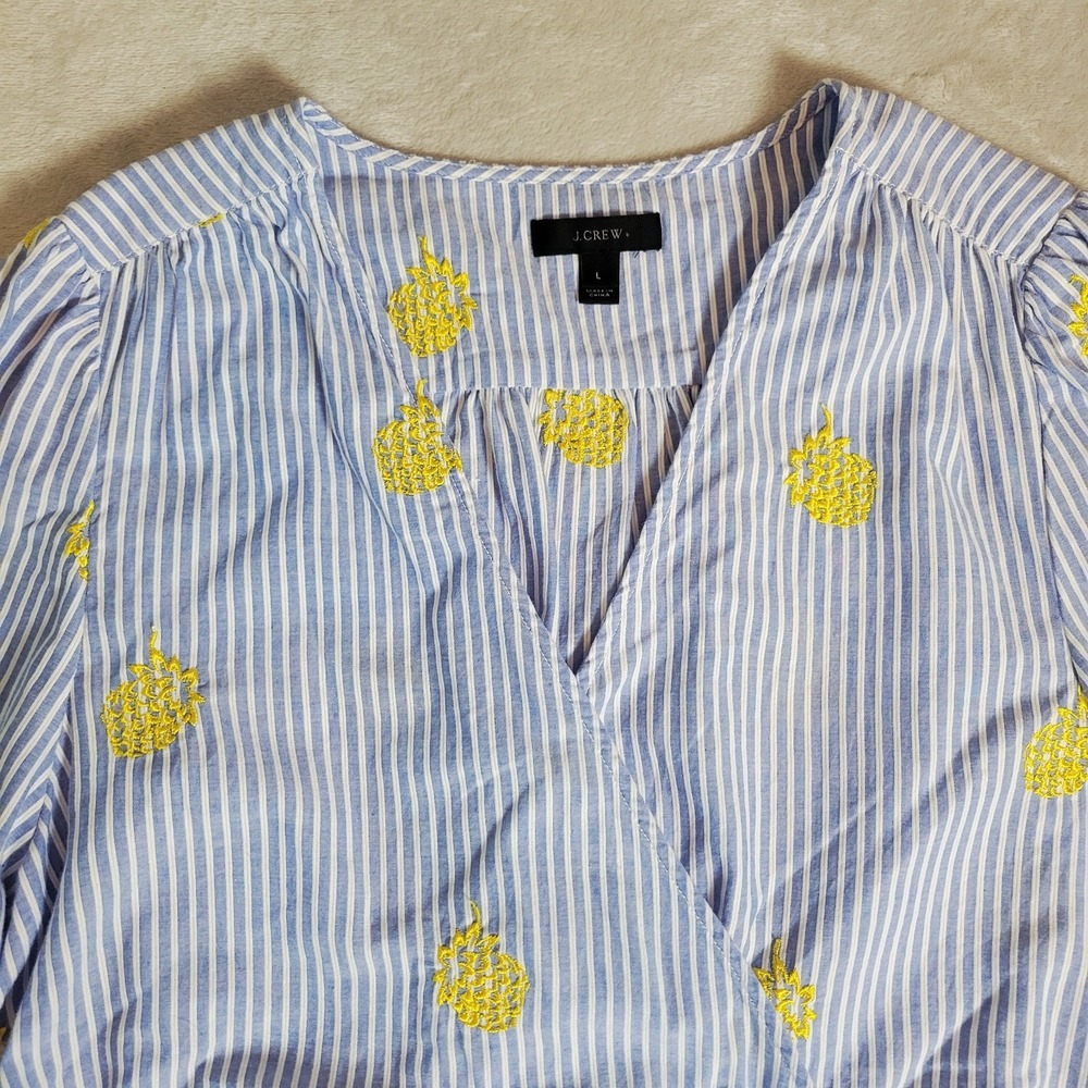 J Crew Striped Wrap Front Top Embroidered Pineapples L 100% Cotton - Picture 2 of 8